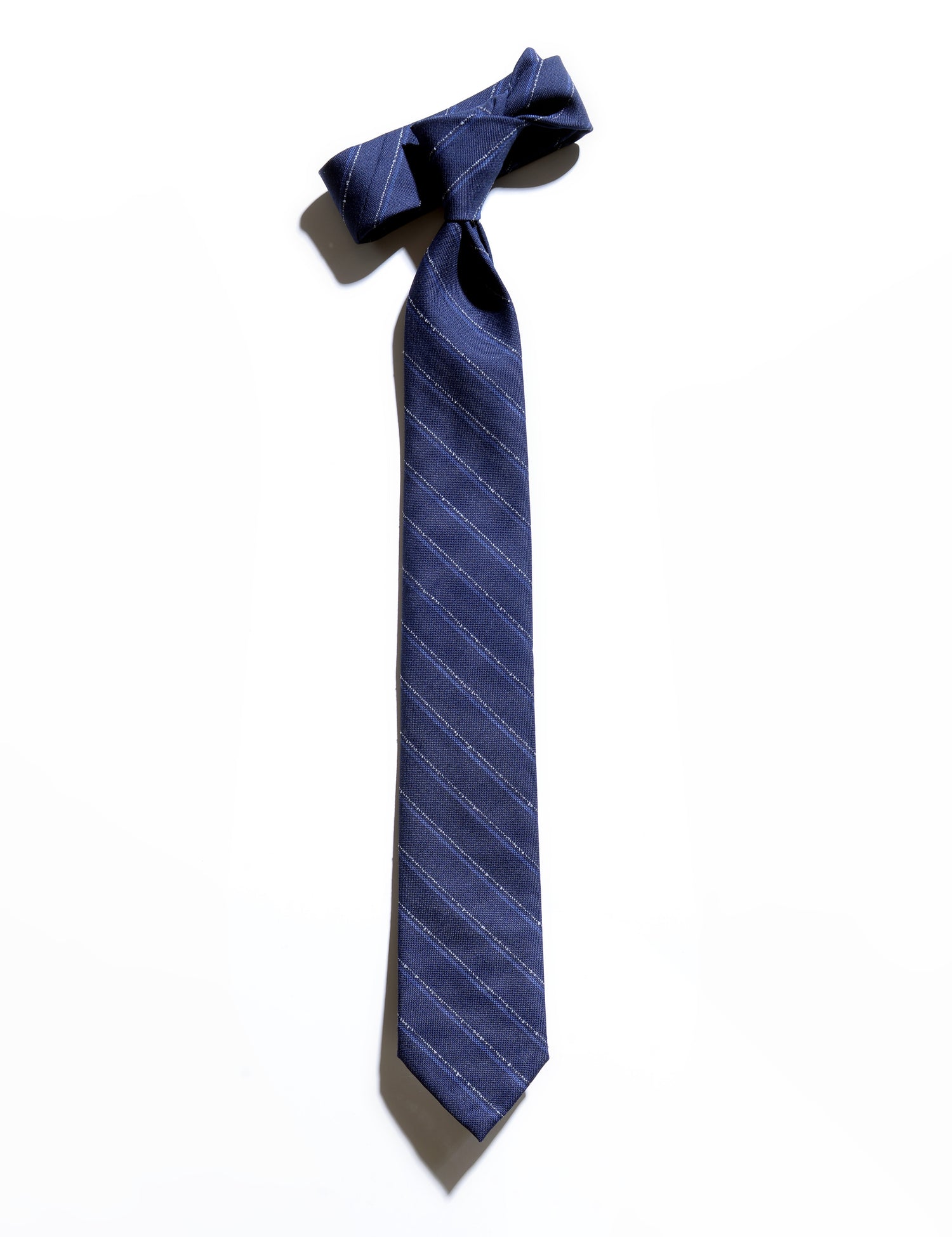 Flat shot of Brooklyn Tailors Untipped Mid-gray with Blue and White Chalkstripe Tie