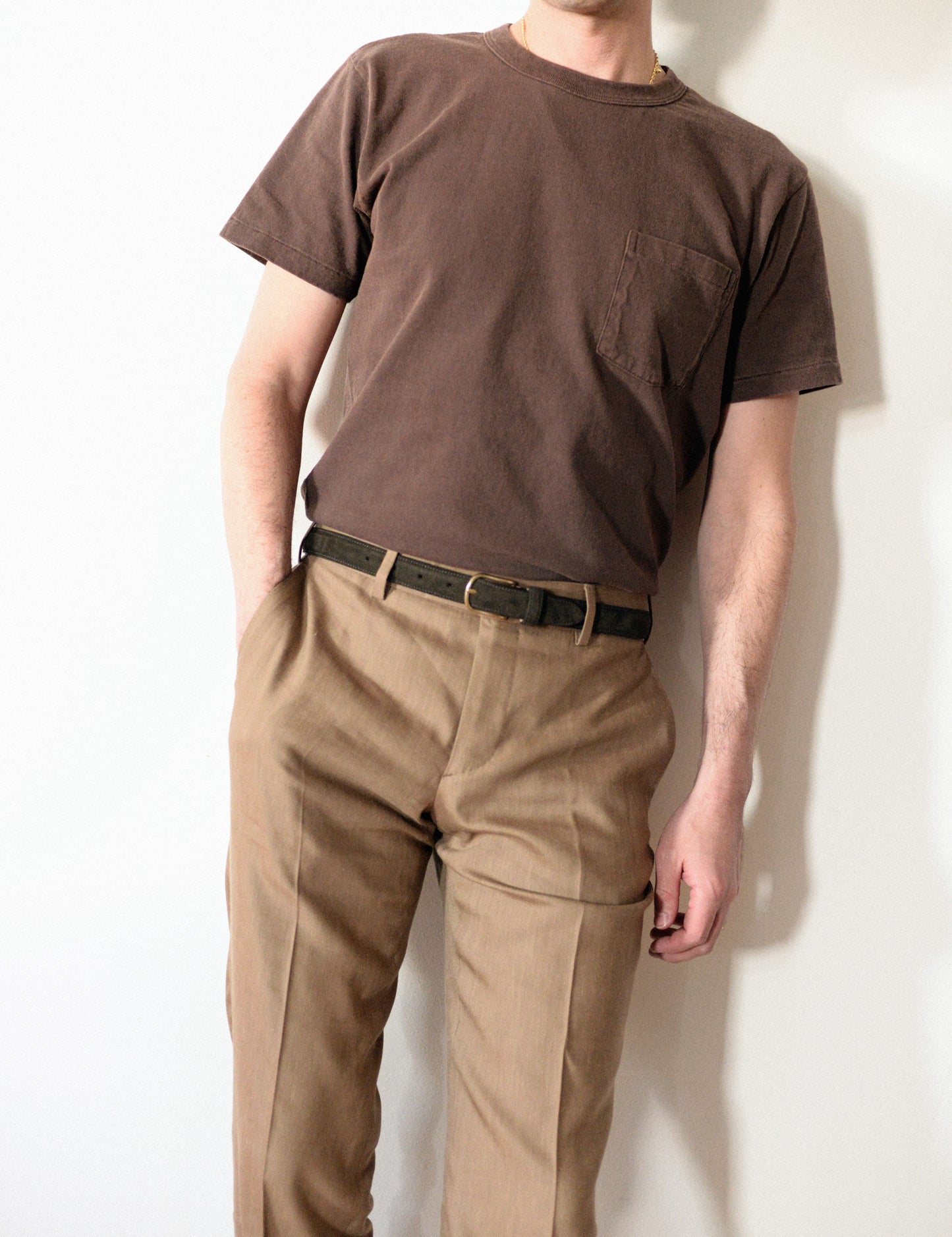Brooklyn Tailors BKT50 Tailored Trousers in Wool Linen - Sahara on-body shot. Model is wearing trousers with  brown t-shirt and brown belt