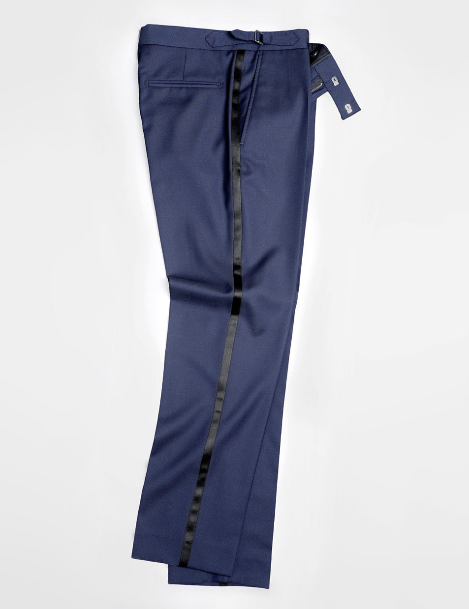 Brooklyn Tailors BKT50 Tuxedo Trouser in Super 110s - Navy with Satin Stripe full length flat shot