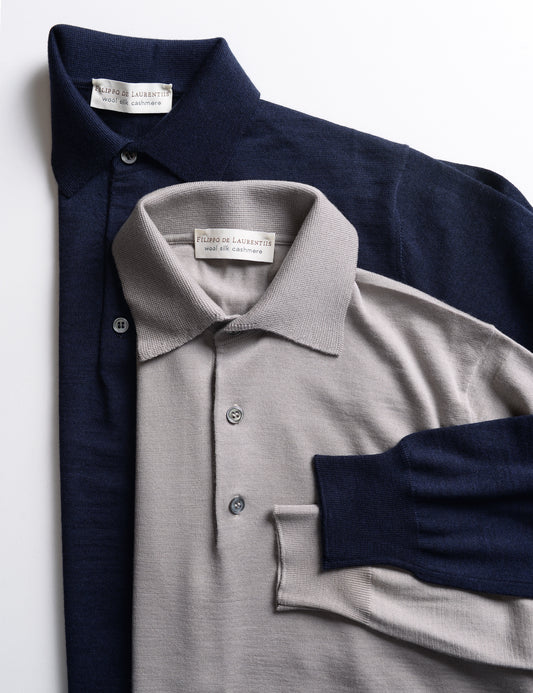 Long Sleeved Polo in Wool, Silk, and Cashmere Blend - Navy