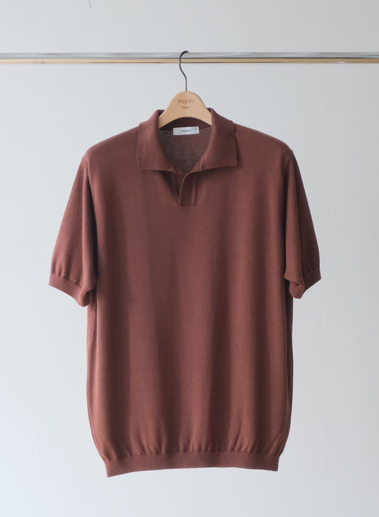 Cotton Silk Knit Skipper Polo in Brown