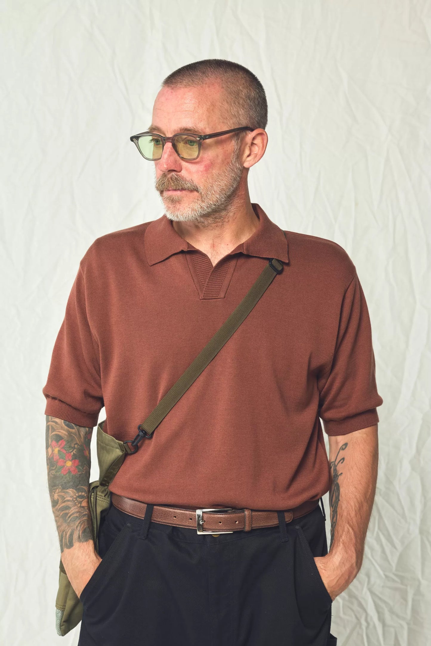 Cotton Silk Knit Skipper Polo in Brown