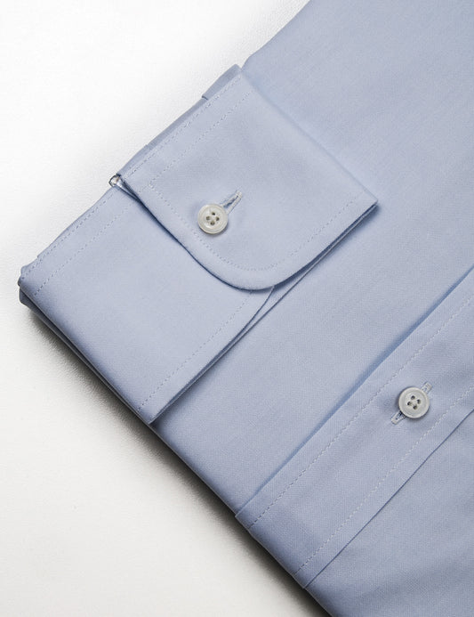 Detail shot of collar, buttons, and fabric texture on Brooklyn Tailors BKT20 Slim Dress Shirt in Pinpoint Oxford - Light Blue