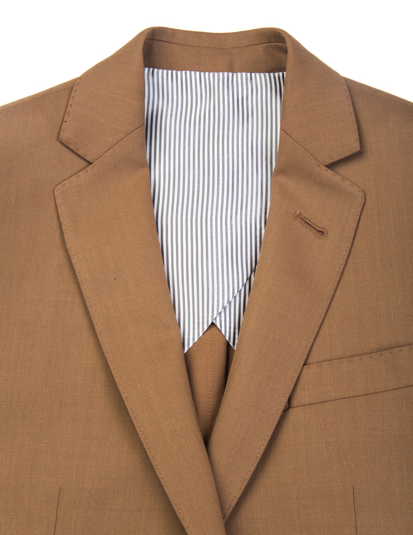 Detail of BKT50 Tailored Blazer in Herringbone Wool/Cotton - Tobacco showing lapel and half-lining