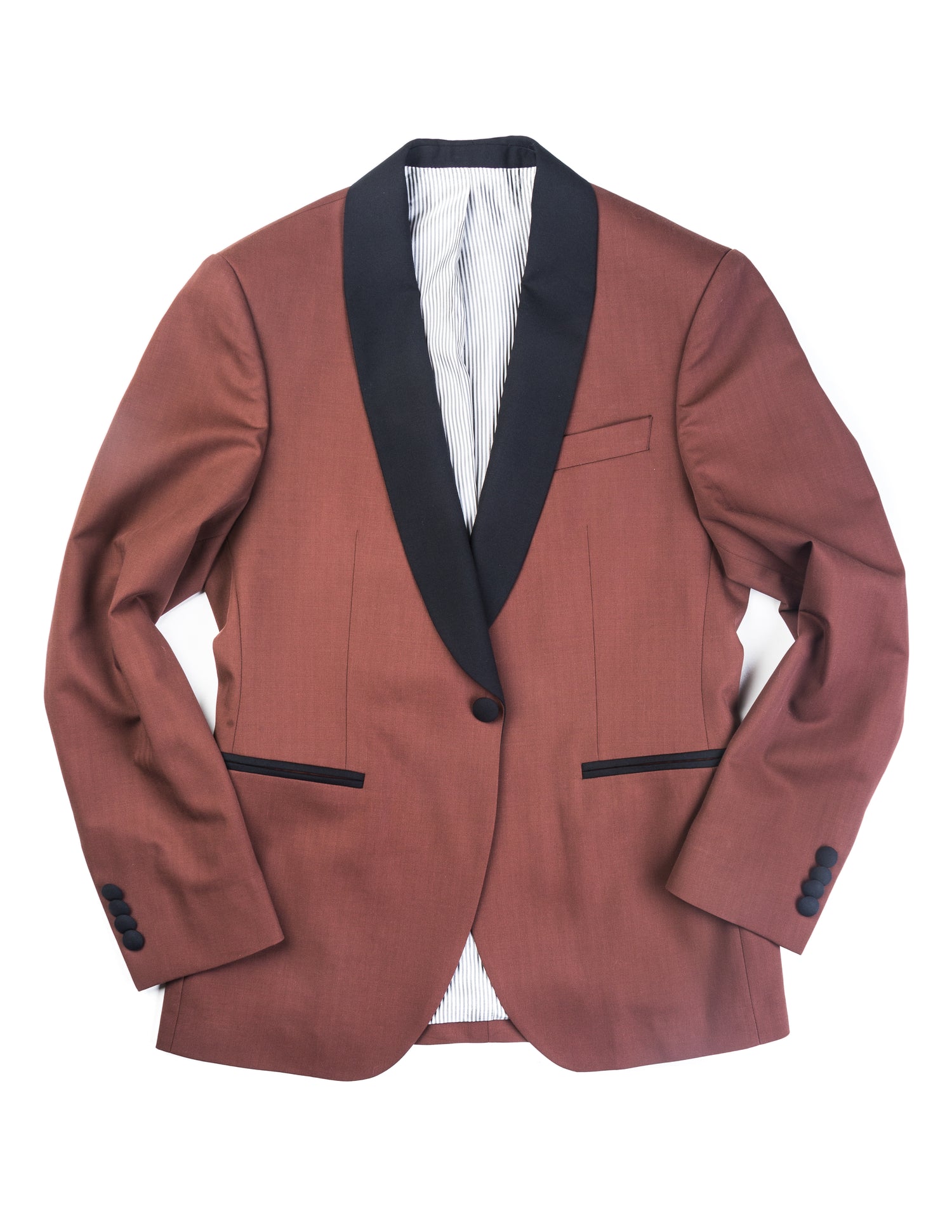 Brooklyn Tailors BKT50 Shawl Collar Dinner Jacket in Herringbone Wool/Cotton - Brick full length flat shot