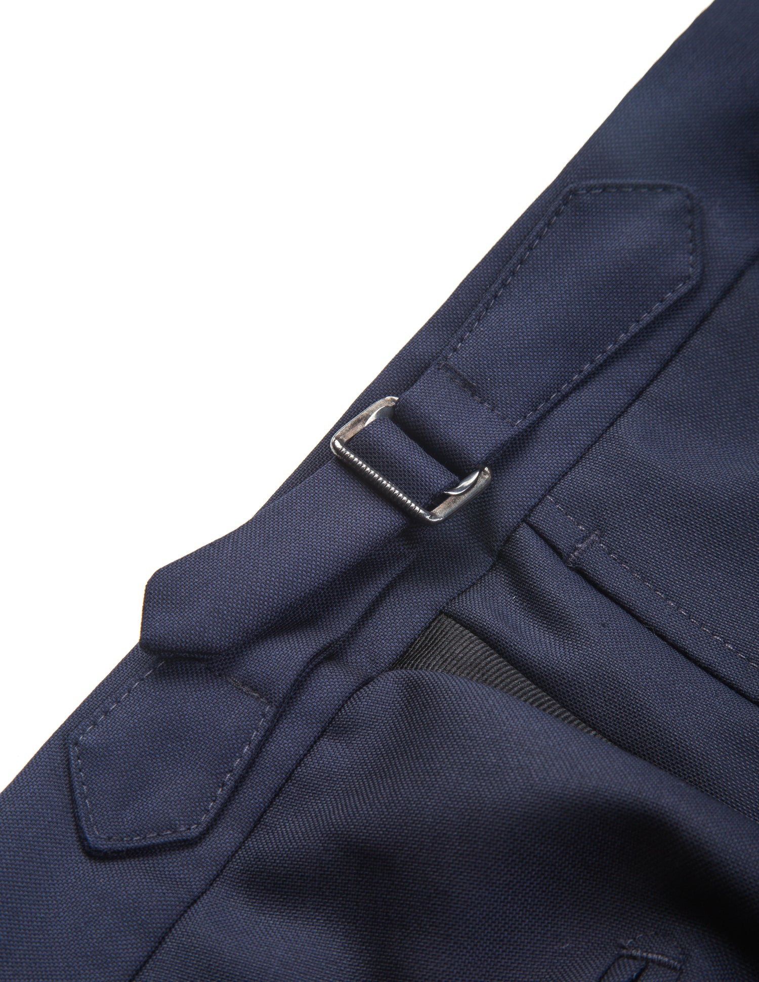 Detail of BKT50 Tuxedo Trouser in Super 110s - Navy with Grosgrain Stripe showing side adjuster