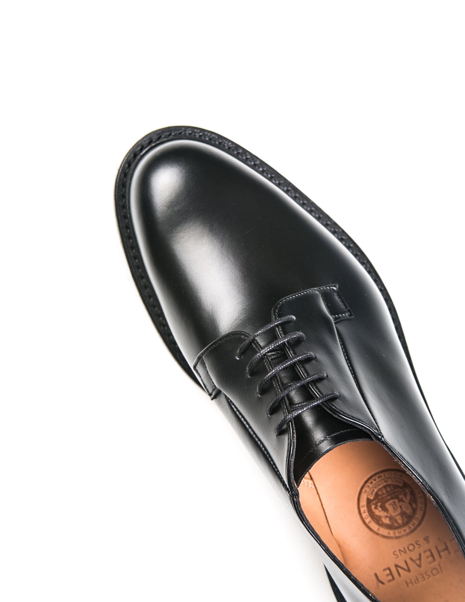Detail shot of Joseph Cheaney Deal II Derby in Black Calf Leather showing laces, toe, and interior