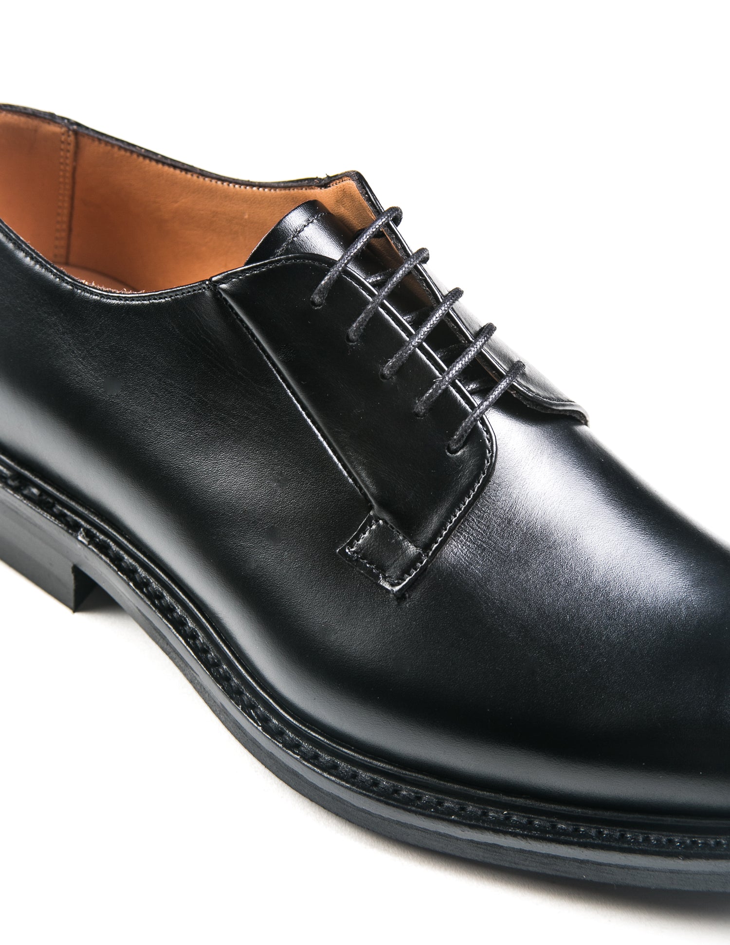 Side shot of Joseph Cheaney Deal II Derby in Black Calf Leather showing heel, laces, and interior