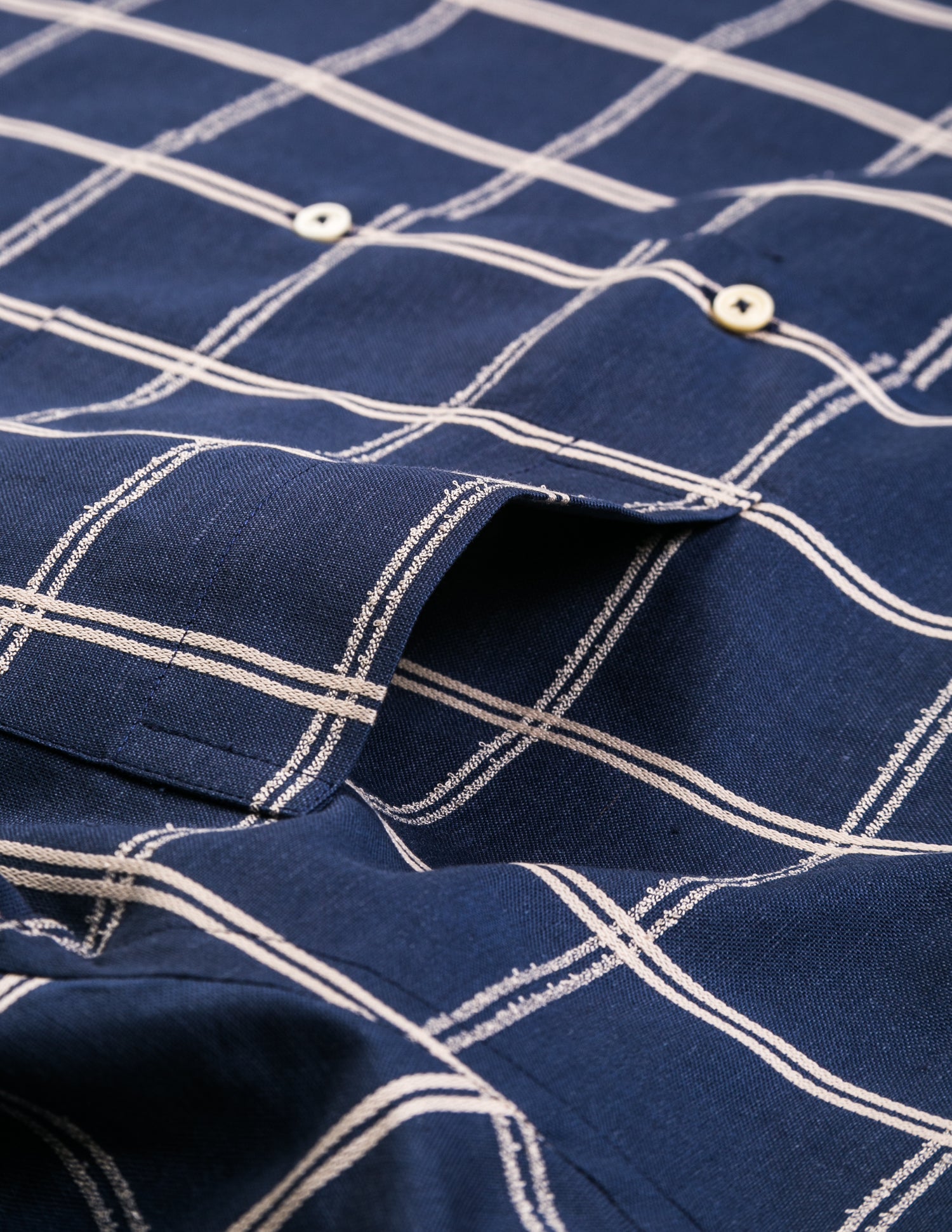 Fabric and pocket detail shot of Brooklyn Tailors BKT18 Camp Shirt in Blue Windowpane