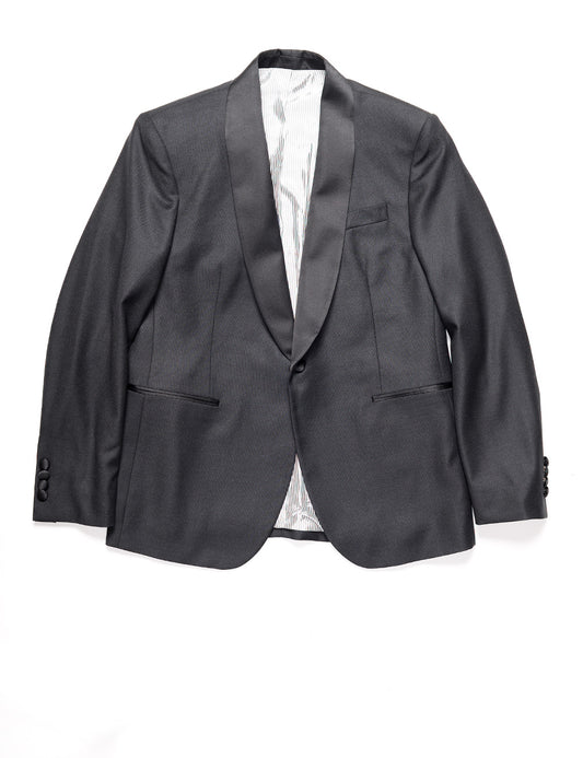 Full length flat shot of Brooklyn Tailors BKT50 Shawl Collar Tuxedo Jacket in Tonal Birdseye - Black with Satin Lapel