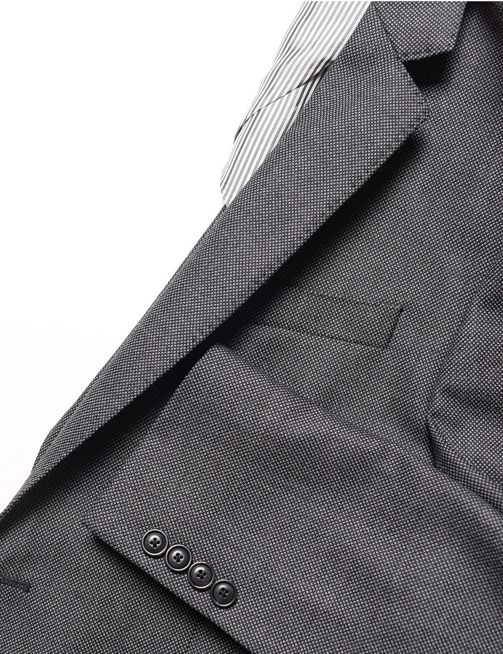 Detail shot of Brooklyn Tailors BKT50 Tailored Jacket in Birdseye Weave - Storm Gray showing lapel, lining, chest pocket, and cuff
