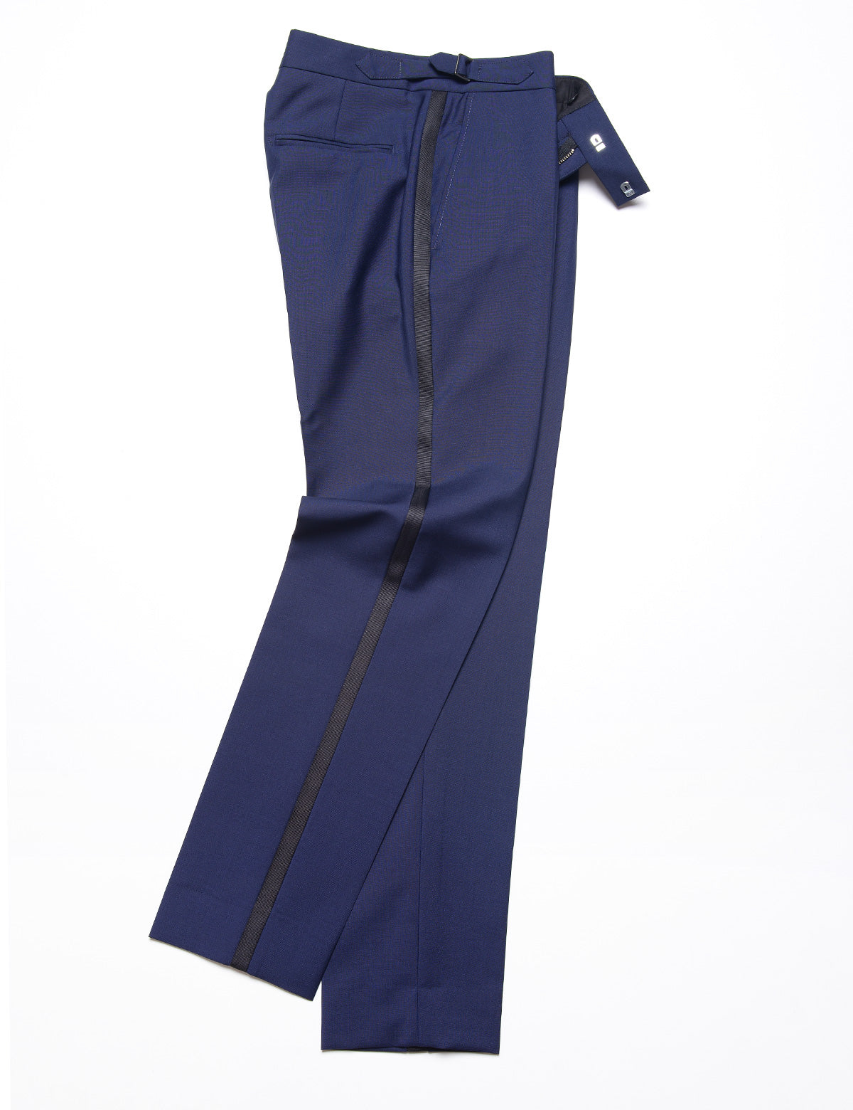 Brooklyn Tailors BKT50 Tuxedo Trouser in Wool / Mohair - Ink Blue with Grosgrain Stripe full length flat shot