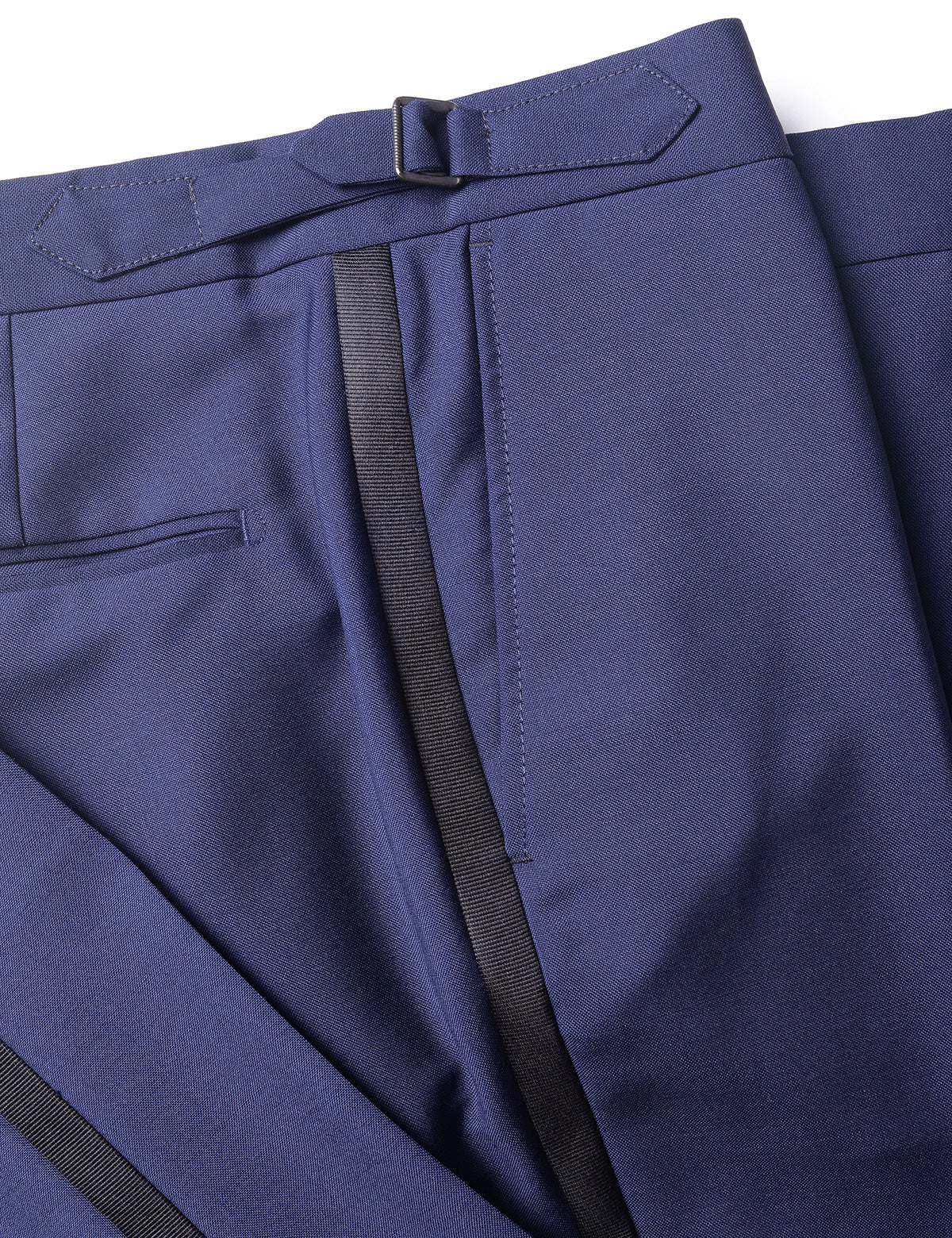 Detail shot of Brooklyn Tailors BKT50 Tuxedo Trouser in Wool / Mohair - Ink Blue with Grosgrain Stripe showing grosgrain stripe and side adjuster