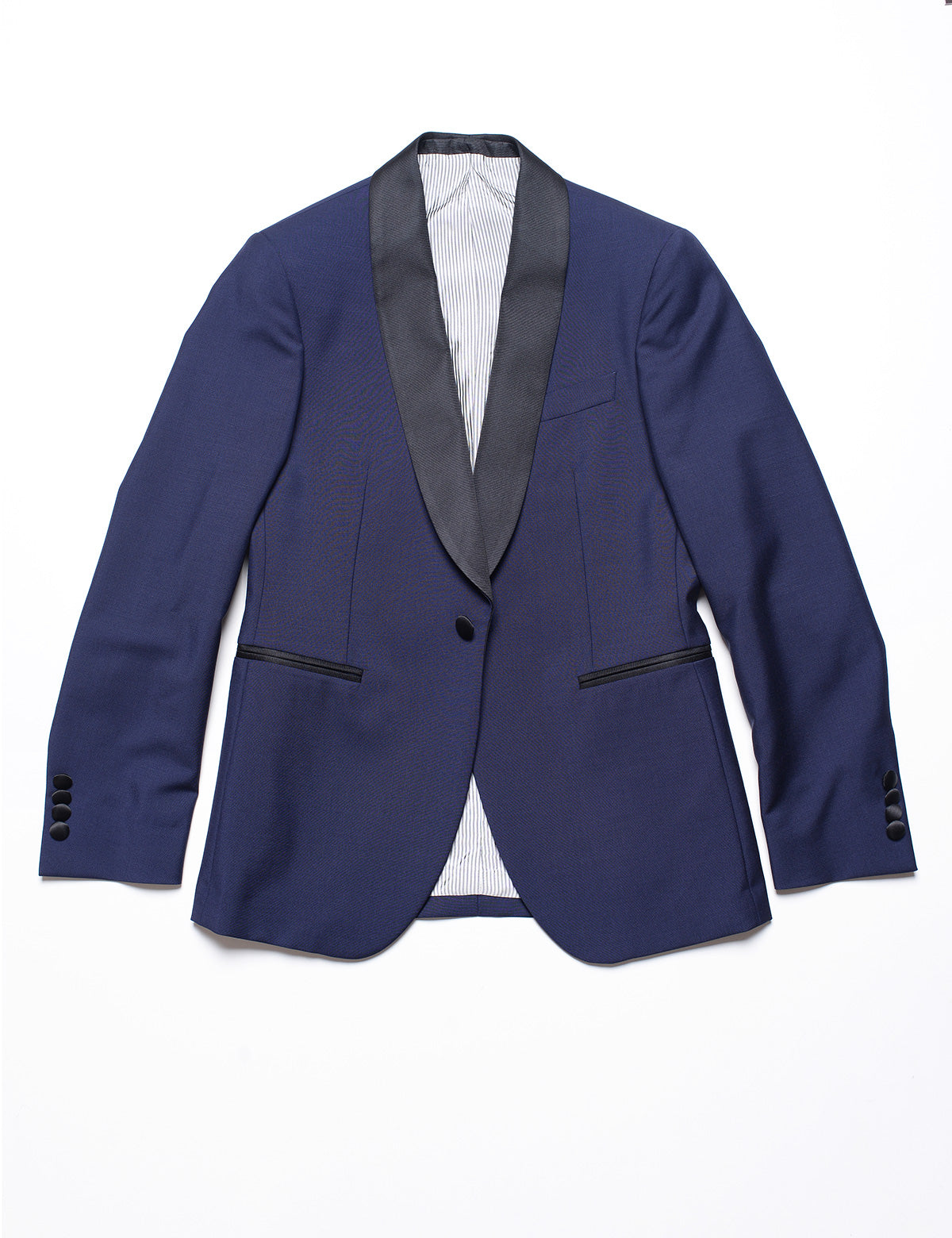 Brooklyn Tailors BKT50 Shawl Collar Tuxedo Jacket in Wool / Mohair - Ink Blue with Grosgrain Lapel full length flat shot
