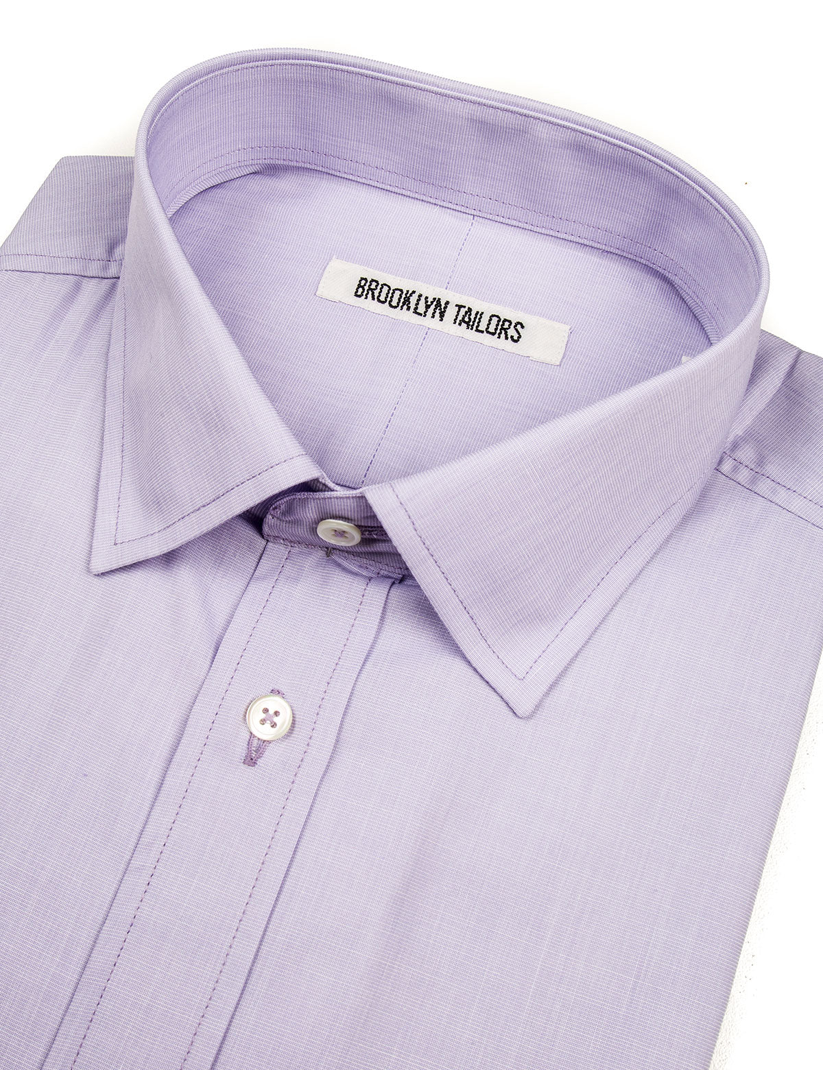 Detail shot of collar and placket on Brooklyn Tailors BKT20 Slim Dress Shirt in End-on-End - Lavender