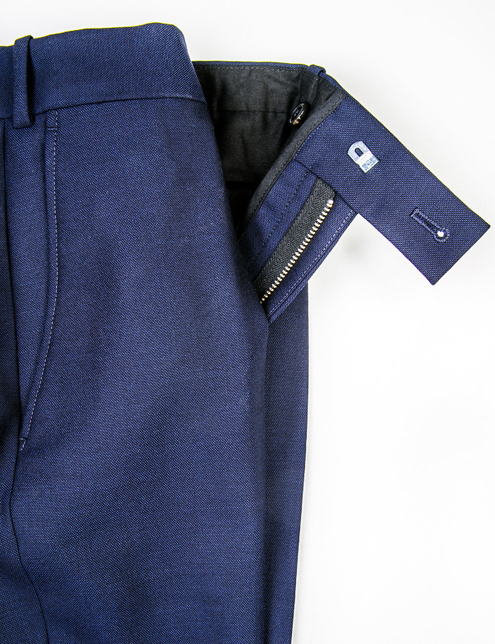 Detail of BKT50 Tailored Trouser in Travel-Ready Wool - Vivid Navy showing open fly