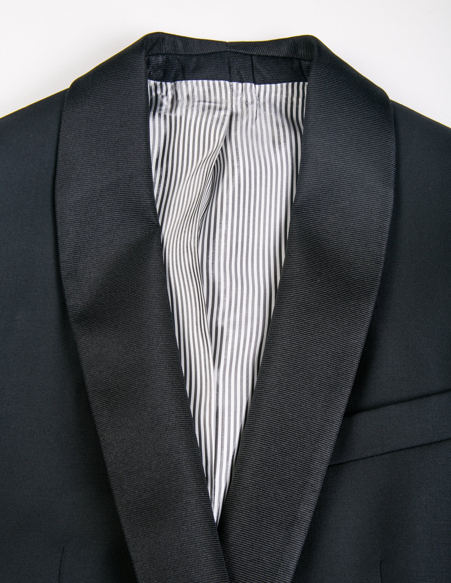 Detail shot of Brooklyn Tailors BKT50 Shawl Collar Tuxedo Jacket in Super 110s - Black with Grosgrain Lapel showing grosgrain lapel, pocket, and lining
