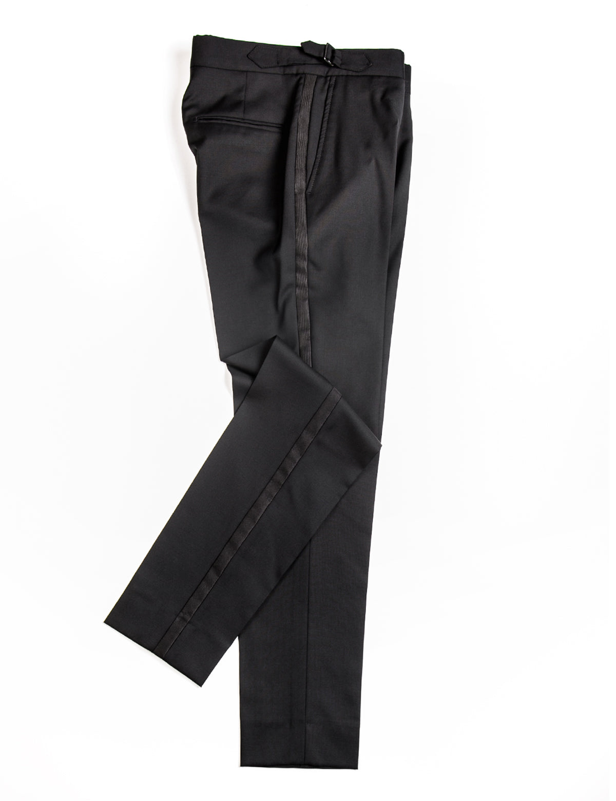 Brooklyn Tailors BKT50 Tuxedo Trouser in Super 110s - Black with Grosgrain Stripe folded flat shot