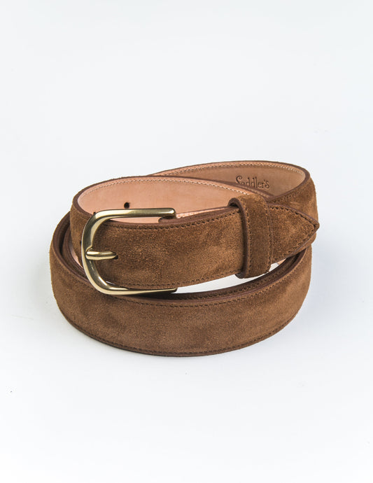 Brooklyn Tailors x Saddler's 30mm Belt in Suede Leather - Warm Brown coiled up. 