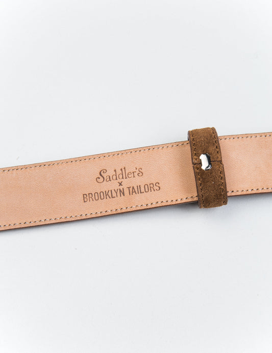 Detail of Saddler's x Brooklyn Tailors stamp on the underside of 30mm Belt in Suede Leather - Warm Brown