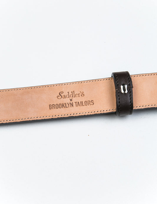 Detail of Saddler's x Brooklyn Tailors stamp on the underside 30mm Belt in Smooth Leather - Cacao