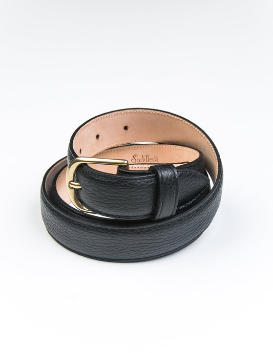 Photo of Brooklyn Tailors x Saddler's 30mm Belt in Grain Leather - Black coiled up. 