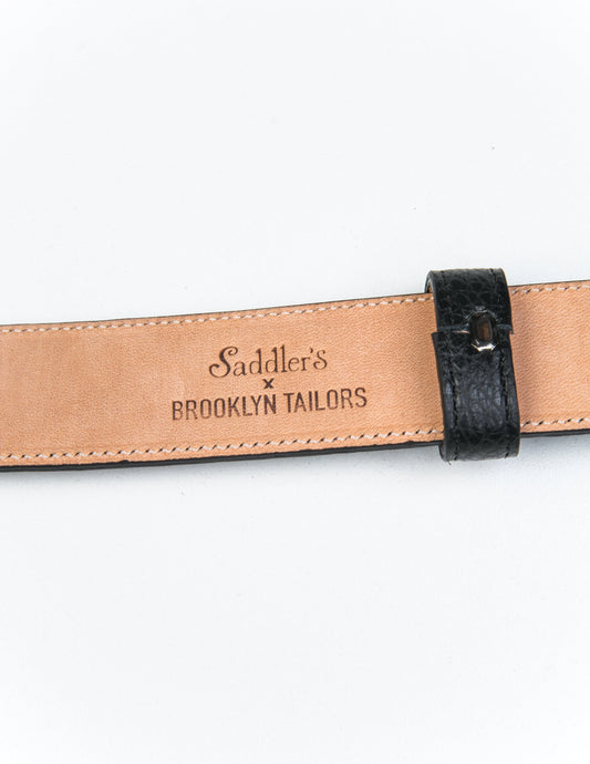 Detail of Saddler's x Brooklyn Tailors stamp on the underside of 30mm Belt in Grain Leather - Black