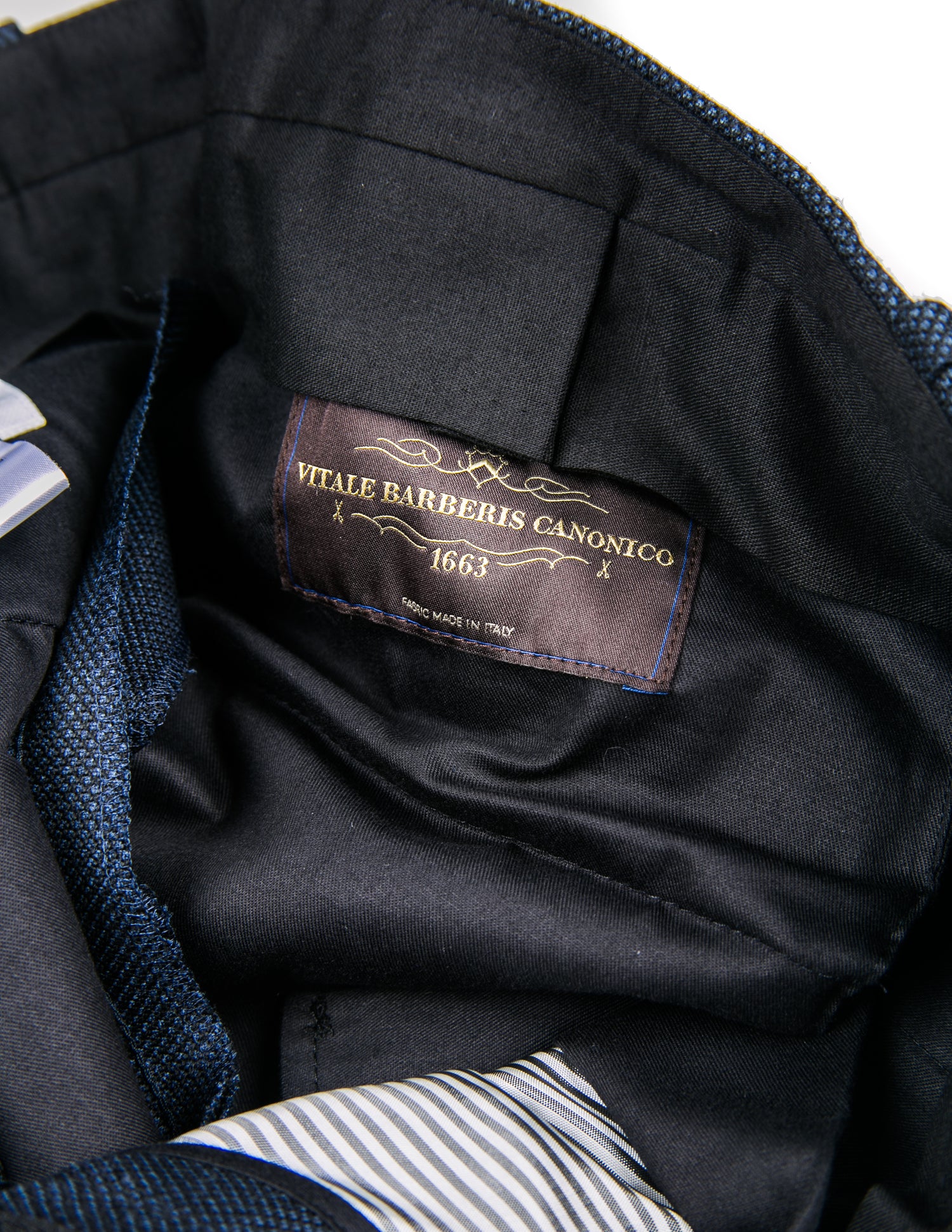 Detail of BKT50 Tailored Trouser in Birdseye Weave - Navy showing labels