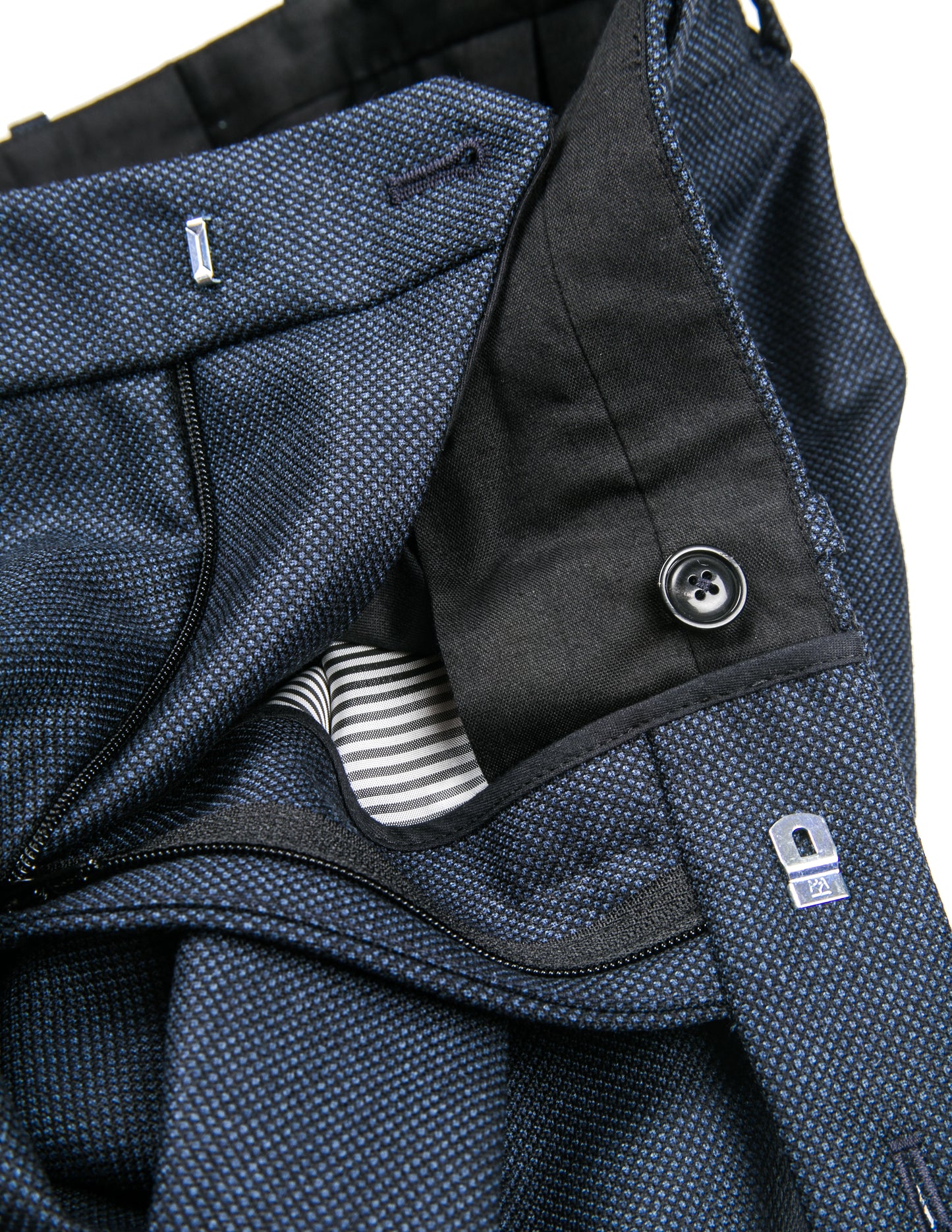 Detail of BKT50 Tailored Trouser in Birdseye Weave - Navy with open fly