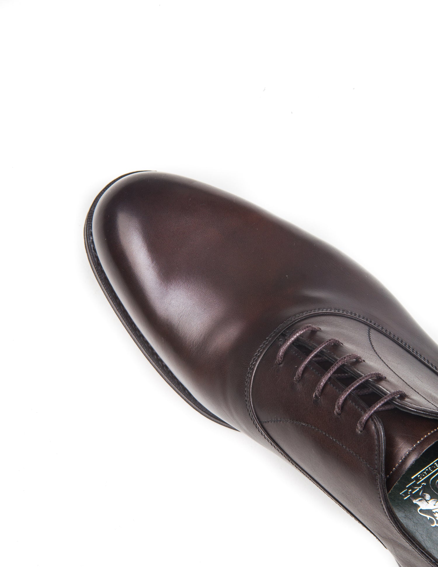 Detail of Joseph Cheaney Welland Oxford Shoes in Mocha Calf Leather toe box and laces