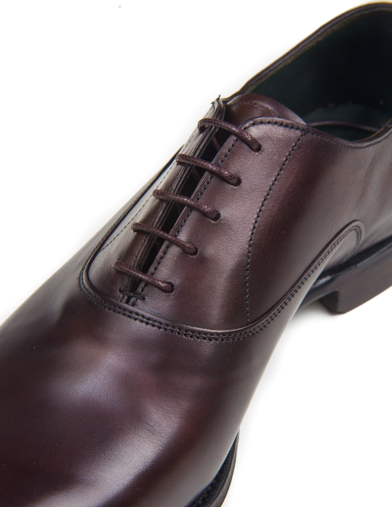 Detail of laces and stitching on Joseph Cheaney Welland Oxford Shoes in Mocha Calf Leather