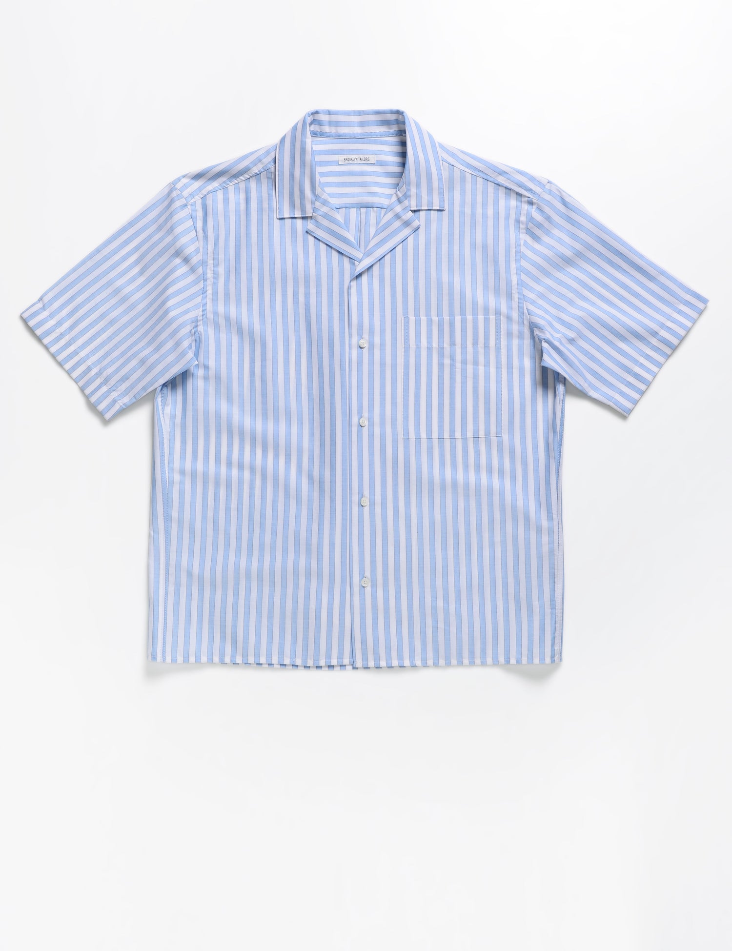 Full length flat shot of Brooklyn Tailors BKT18 Camp Shirt in Bar Stripe - Air Blue