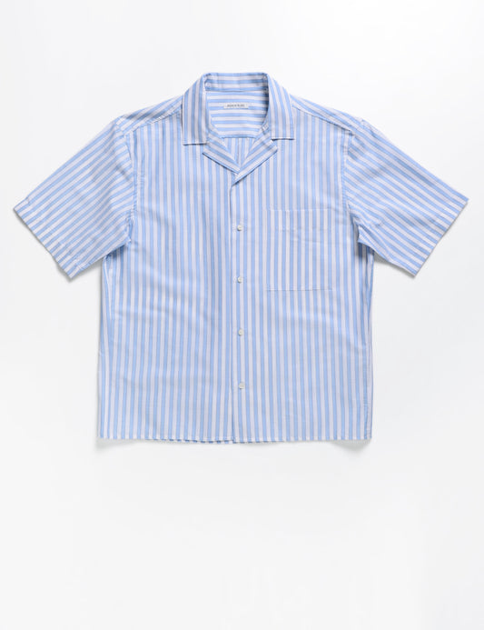 Full length flat shot of Brooklyn Tailors BKT18 Camp Shirt in Bar Stripe - Air Blue