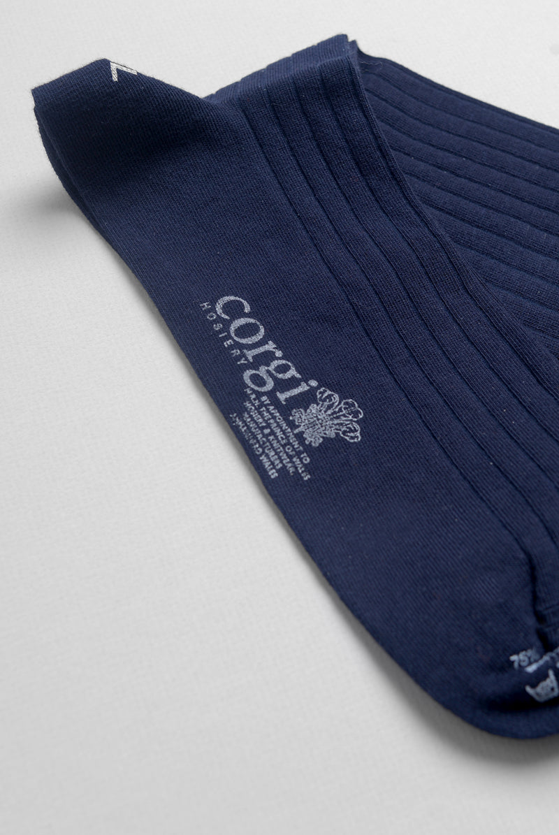 Detail of Ribbed Cotton Dress Socks in Navy showing printed toe