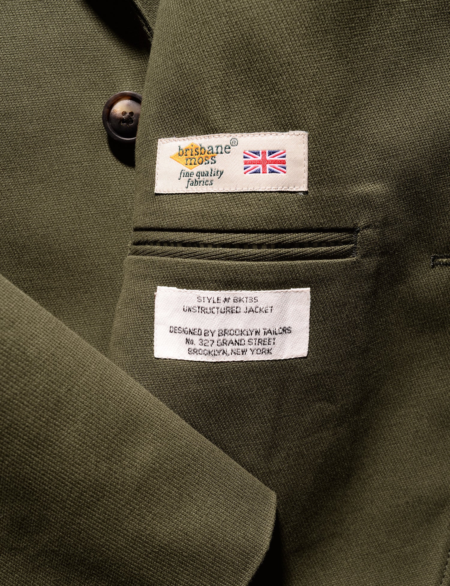 Detail shot showing Brisbane Moss label on interior of Brooklyn Tailors BKT35 Unstructured Jacket in Cavalry Twill - Olive