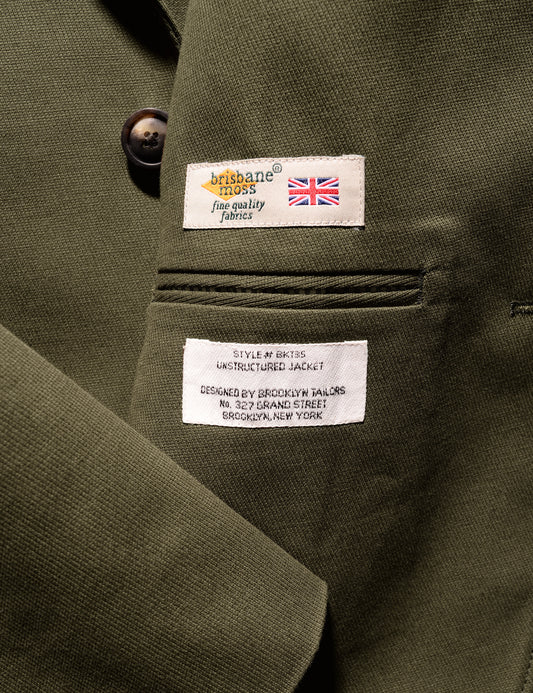 Detail shot showing Brisbane Moss label on interior of Brooklyn Tailors BKT35 Unstructured Jacket in Cavalry Twill - Olive