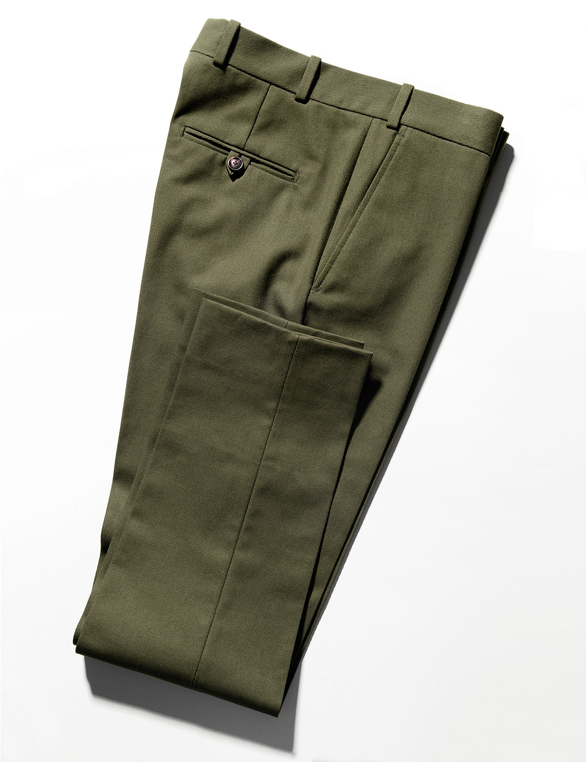 Detail folded shot of Brooklyn Tailors BKT50 Tailored Trousers in Cavalry Twill - Olive showing hem, side and back pockets