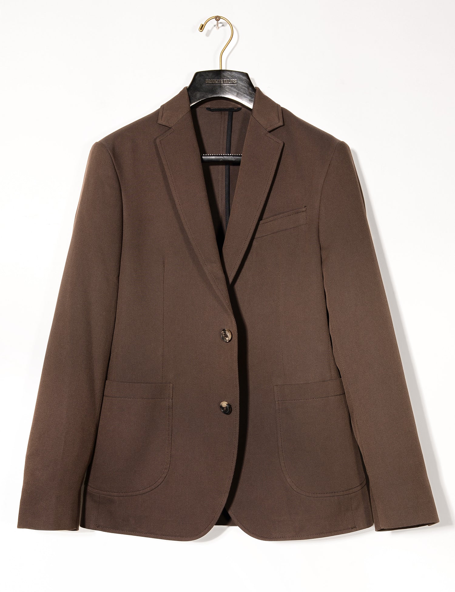 Full length shot of Brooklyn Tailors BKT35 Unstructured Jacket in Cavalry Twill - Rosewood on hanger