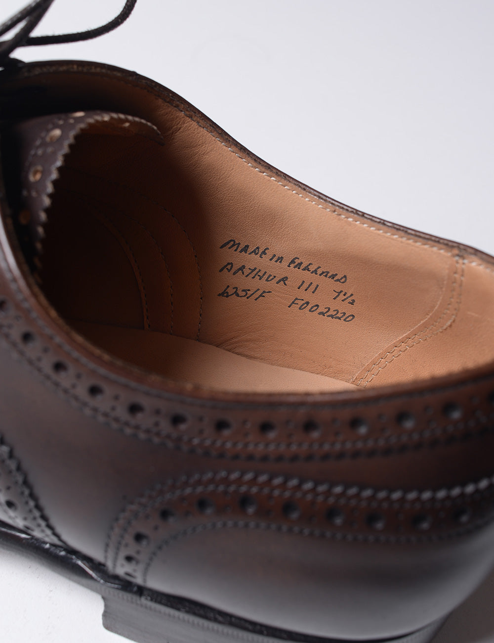 Detail of the handwritten label on the inside of the Joseph Cheaney Arthur III Oxford Brogue  in Mocha Calf Leather