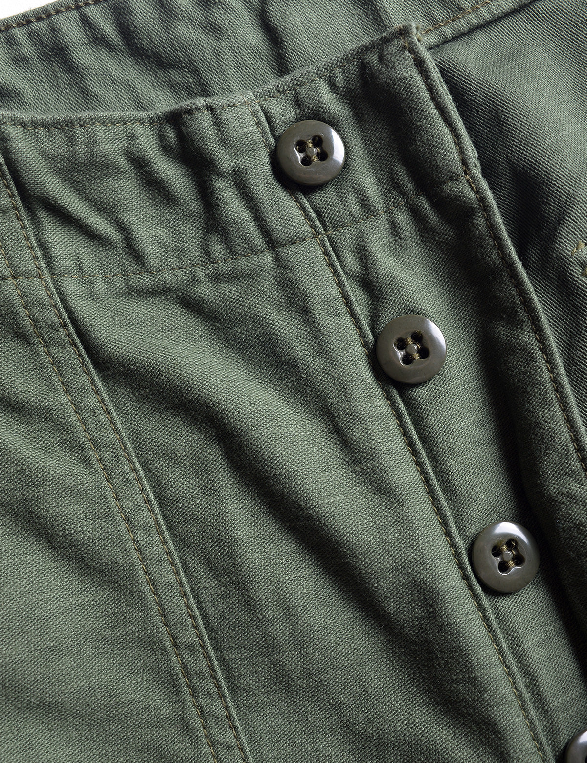 Button fly detail on Orslow US Army Fatigue Trousers - Army Green