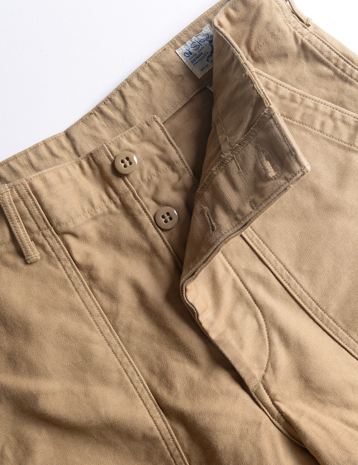 Unbuttoned fly of Orslow US Army Fatigue Trousers - Khaki