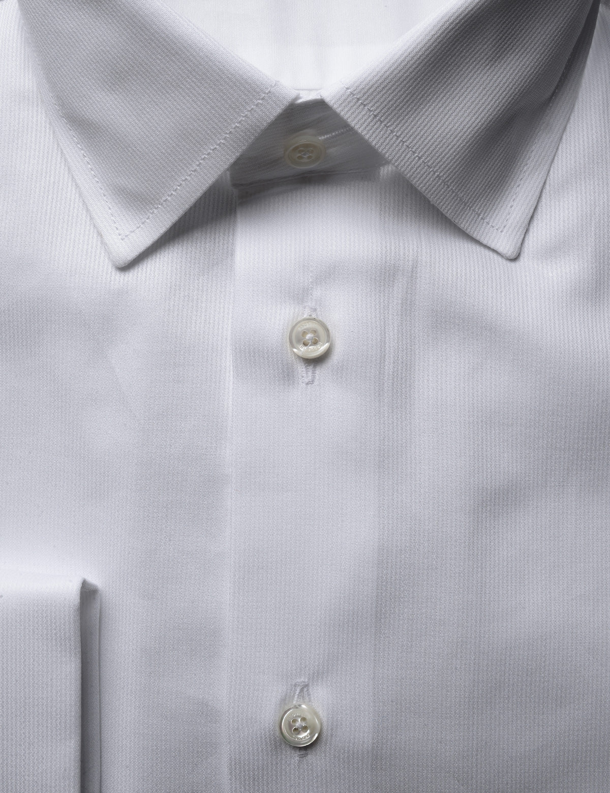 Detail showing removable button strip in place on French Cuff Tuxedo Shirt With Removeable Buttons - Bar Pique