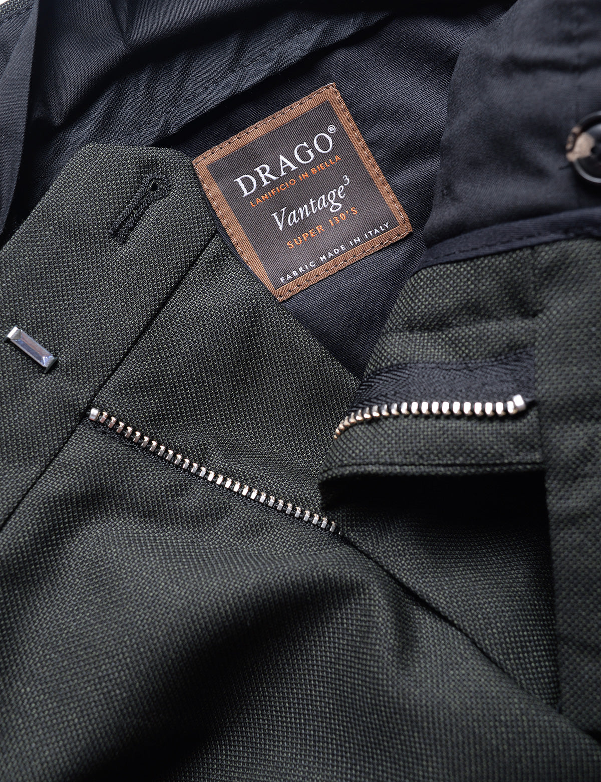 Detail of BKT50 Tailored Trousers in Textured Wool - Wrought Iron showing interior Drago label
