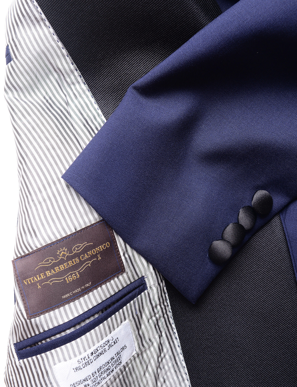 Detail shot of Brooklyn Tailors BKT50 Shawl Collar Tuxedo Jacket in Wool / Mohair - Ink Blue with Grosgrain Lapel showing Vitale Barberis Canonico label in interior of jacket