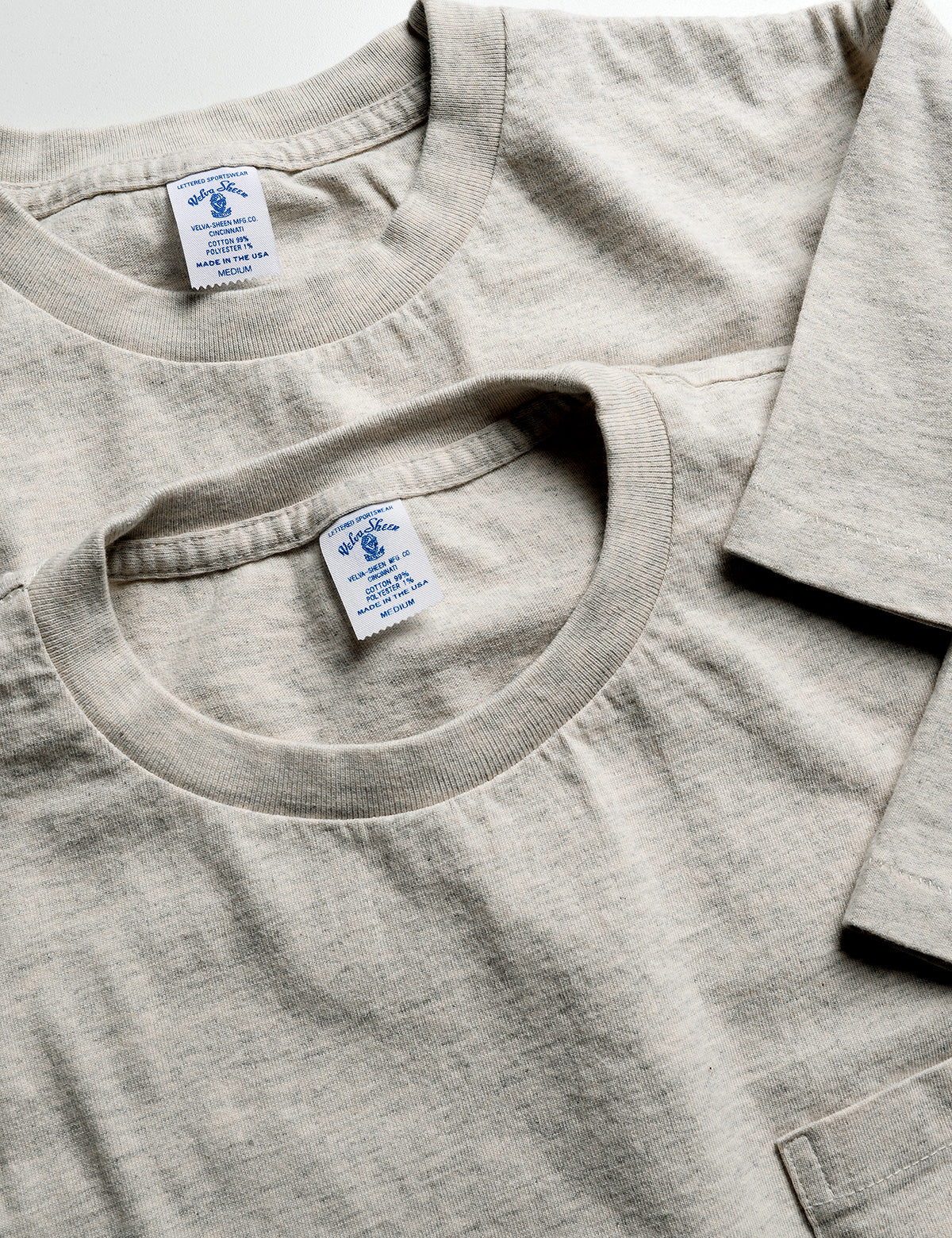 Close up of neck. pocket and label of Velva Sheen 2-Pack Short Sleeve Pocket Tee in Oatmeal