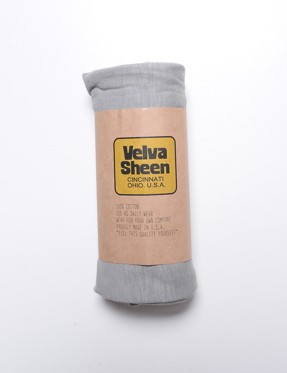 Photo of Velva Sheen Crewneck T-Shirt in Concrete rolled in packaging