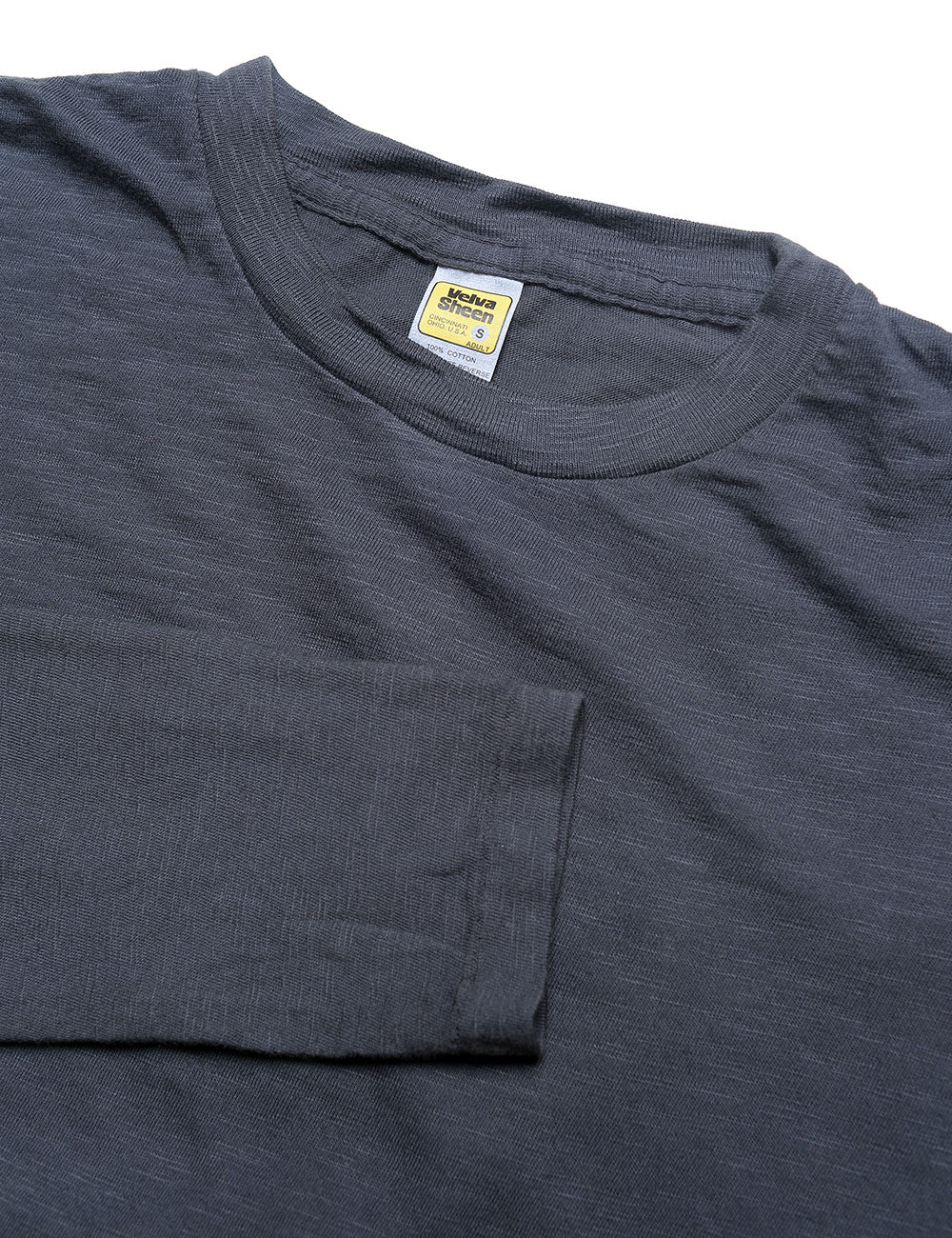 Collar and sleeve detail of Velva Sheen Long Sleeve Crewneck T-Shirt in Washed Black