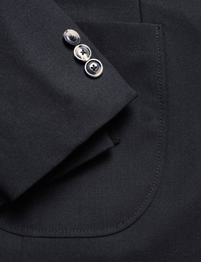 Detail of BKT35 Unstructured Jacket in Travel-Ready Wool - Black (Prototype Version) showing cuff and patch pocket
