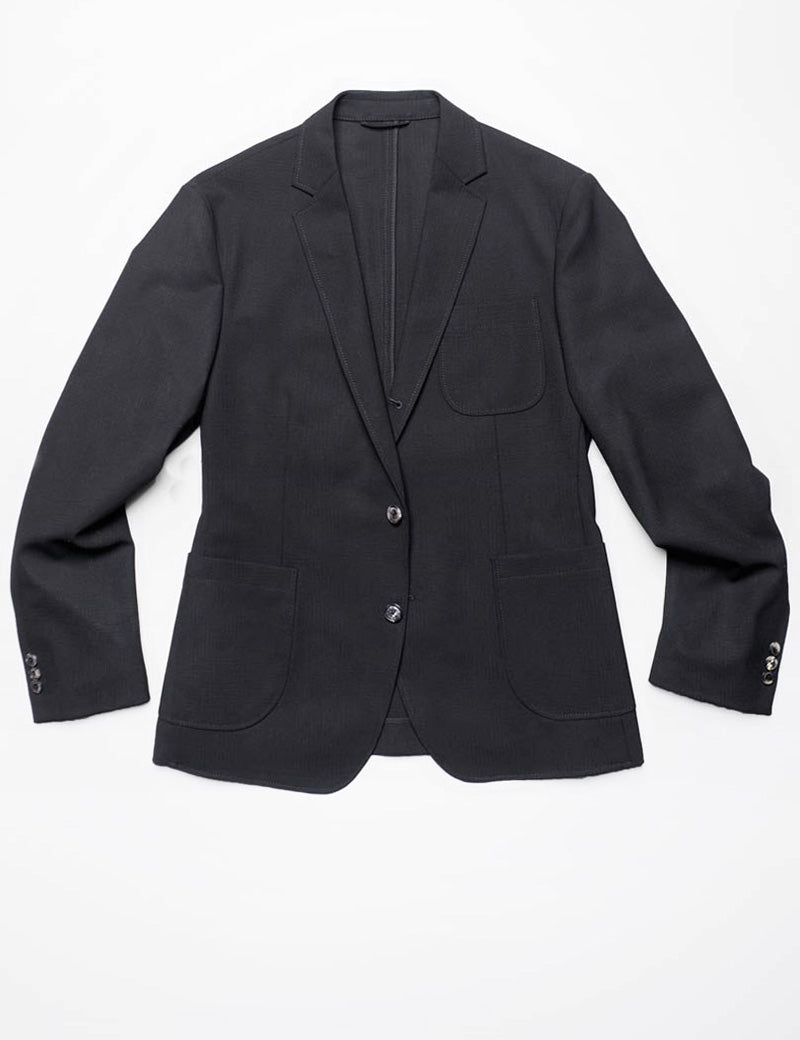 Full length flat shot of Brooklyn Tailors BKT35 Unstructured Jacket in Travel-Ready Wool - Black (Prototype Version)