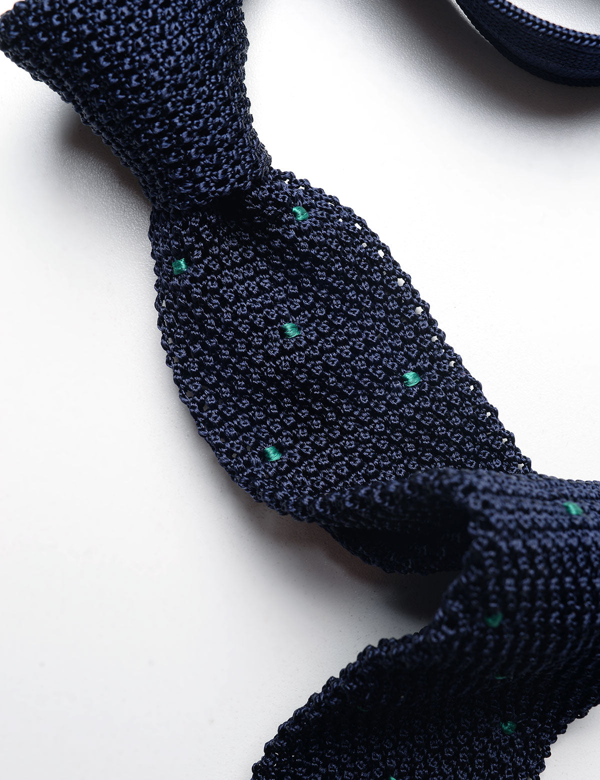 Close-up of Fumeo Carlo Dot Pattern Silk Knit Tie - Navy & Green showing knit and pattern